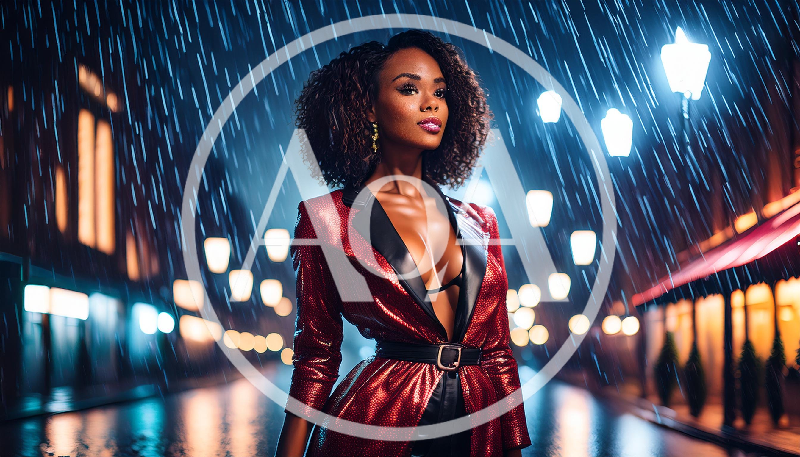 Elegant Woman in Red Sequin Blazer Standing in Rain