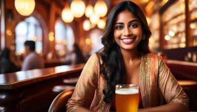 Young Woman Smiling With A Beer In A Bar