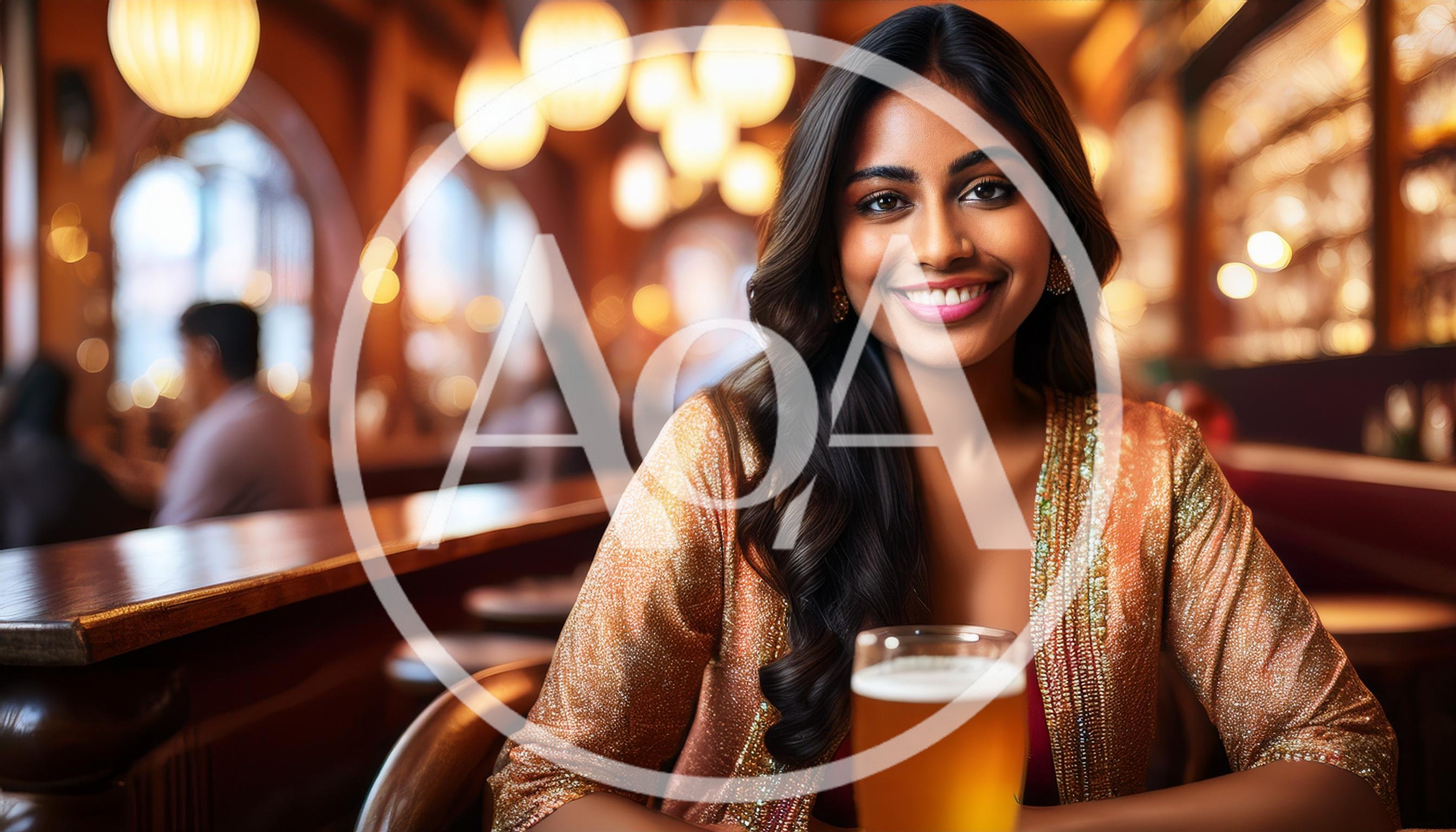 Young Woman Smiling With A Beer In A Bar