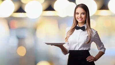 Smiling Waitress Holding An Empty White Plate