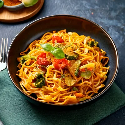 Vegetable Pasta Dish in a Black Bowl