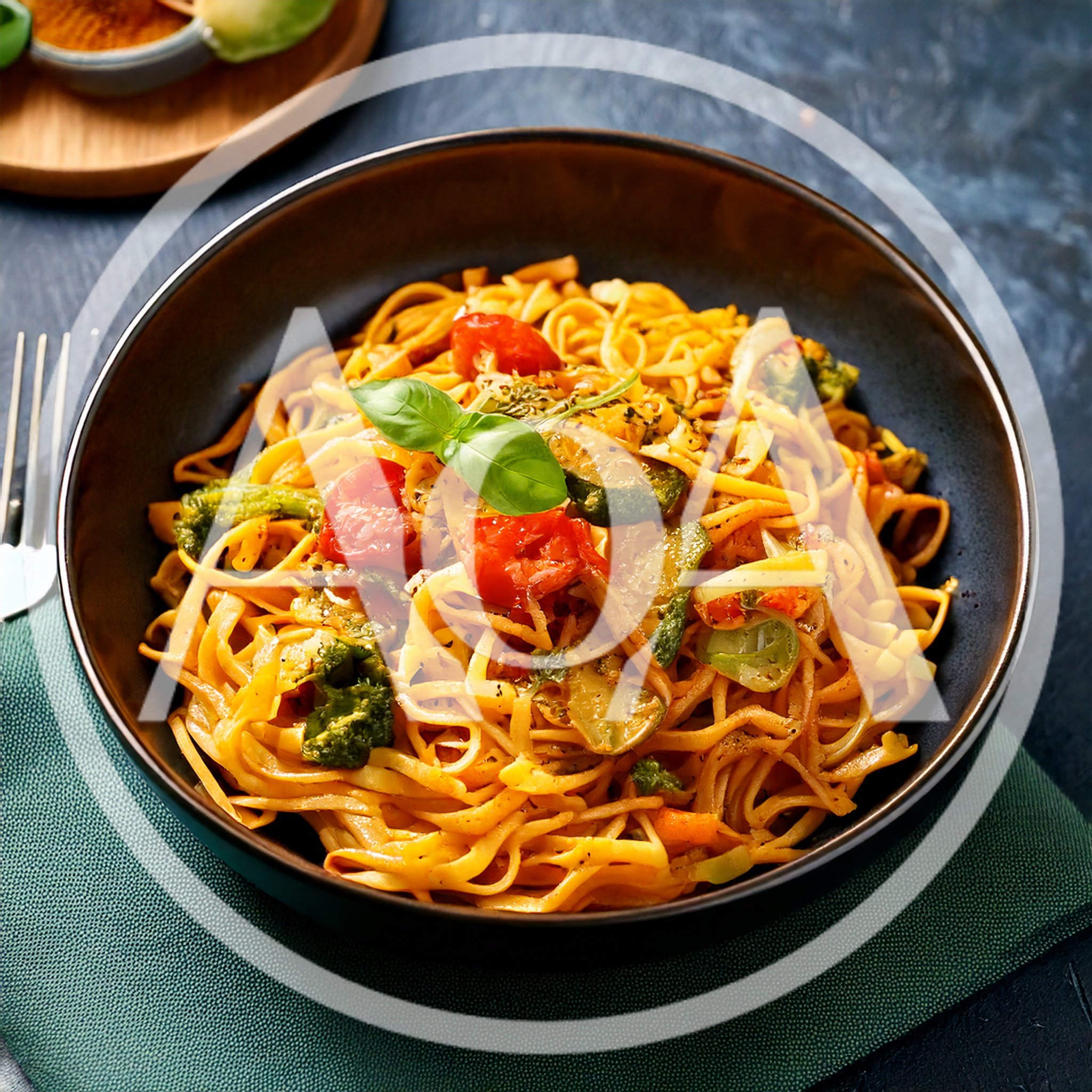 Vegetable Pasta Dish in a Black Bowl