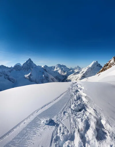 Snowy Mountain Peak With Footprints And Ski Tracks