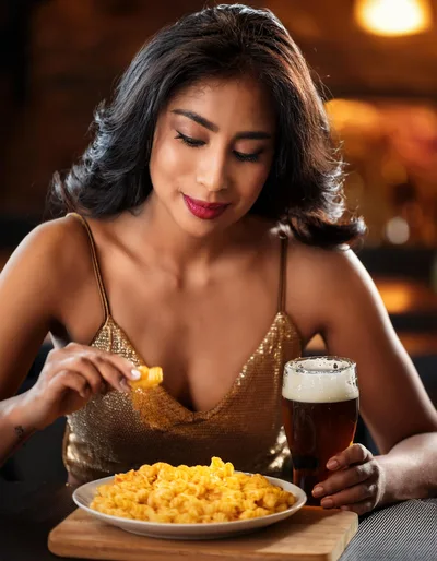Young Woman Eating Pasta and Drinking Beer at Restaurant
