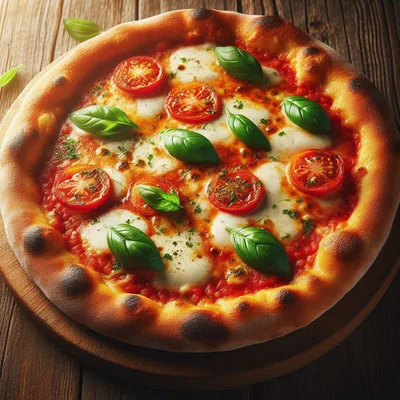 Fresh Margherita Pizza On A Wooden Board