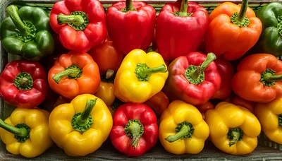Fresh Colorful Bell Peppers In A Wooden Crate