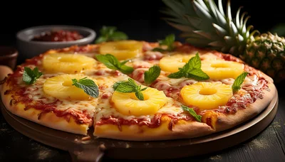 Fresh Hawaiian Pizza With Pineapple Rings And Basil