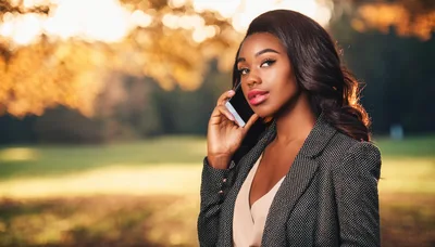 Professional Woman Talking on Smartphone in Autumn Park