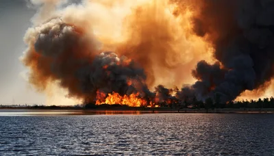 Massive Wildfire Burning Along A Large Lake Shoreline