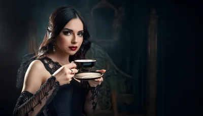 Elegant Woman Holding A Tea Cup In Dark Interior