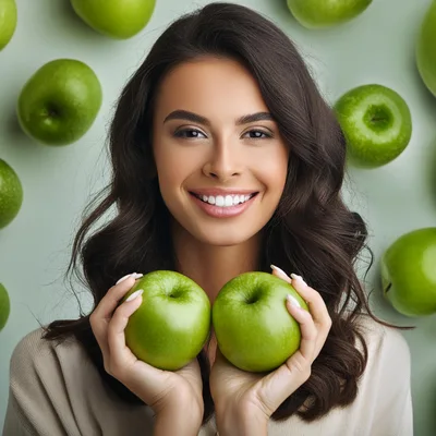 Smiling Woman Holding Two Fresh Green Apples