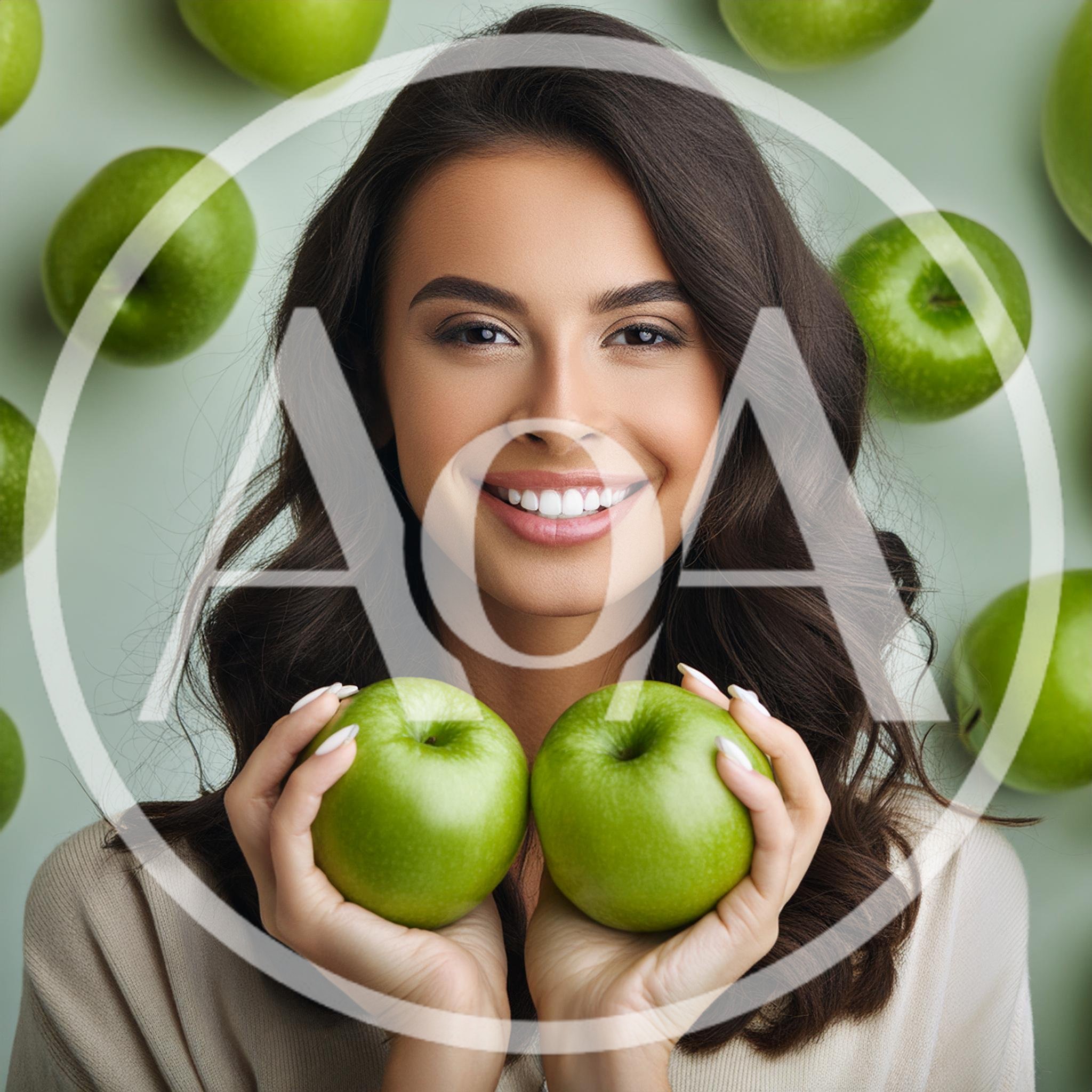 Smiling Woman Holding Two Fresh Green Apples