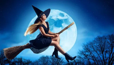 Young Woman Dressed As A Witch Flying On Broomstick