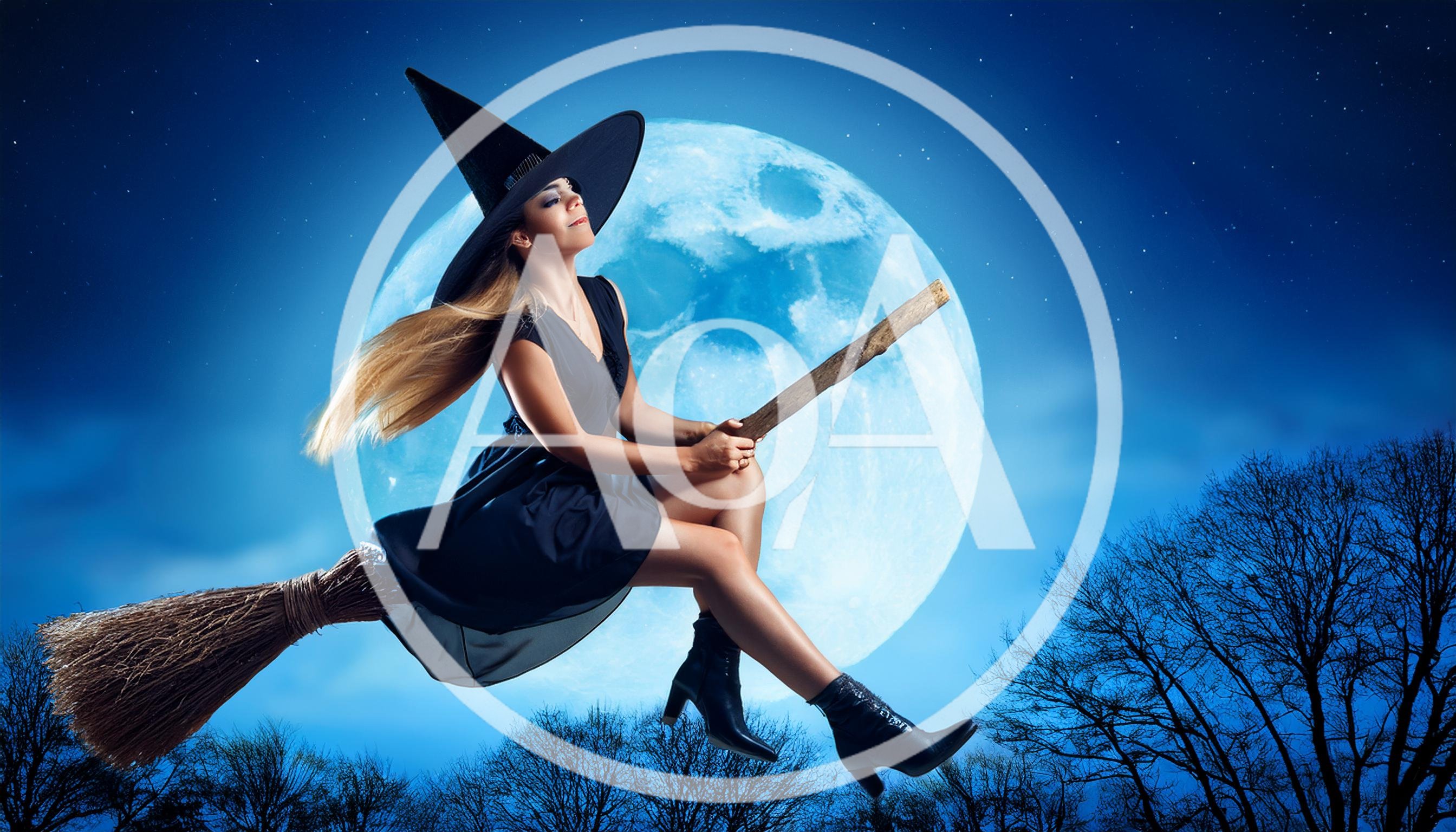 Young Woman Dressed As A Witch Flying On Broomstick