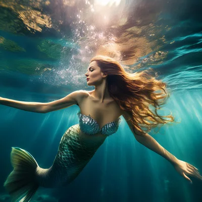 Beautiful Mermaid Swimming Underwater In Deep Blue Ocean