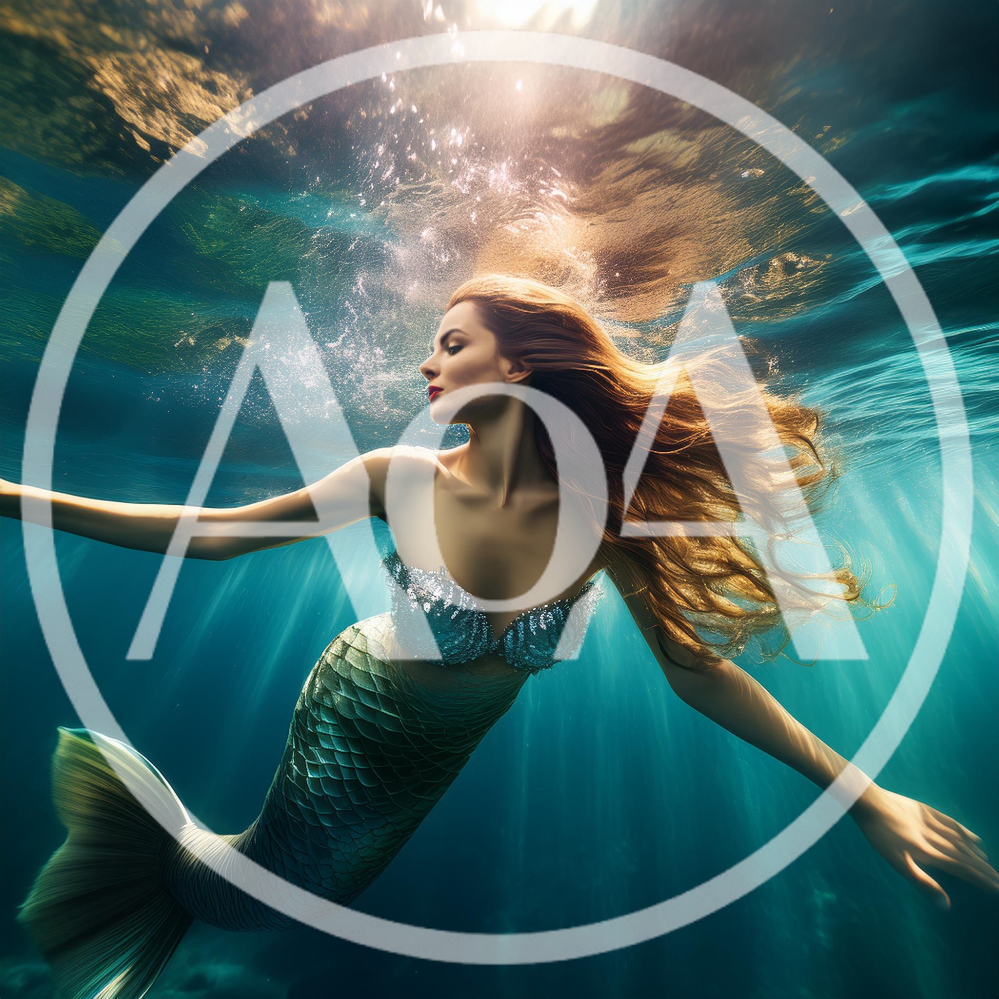 Beautiful Mermaid Swimming Underwater In Deep Blue Ocean