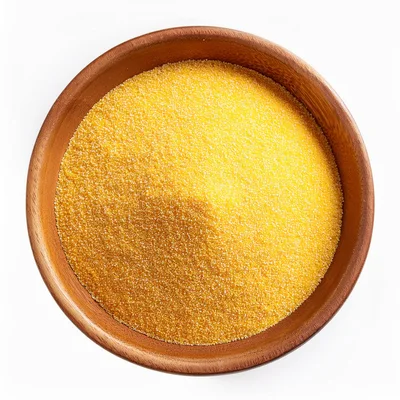 Top View Of Yellow Cornmeal In A Wooden Bowl