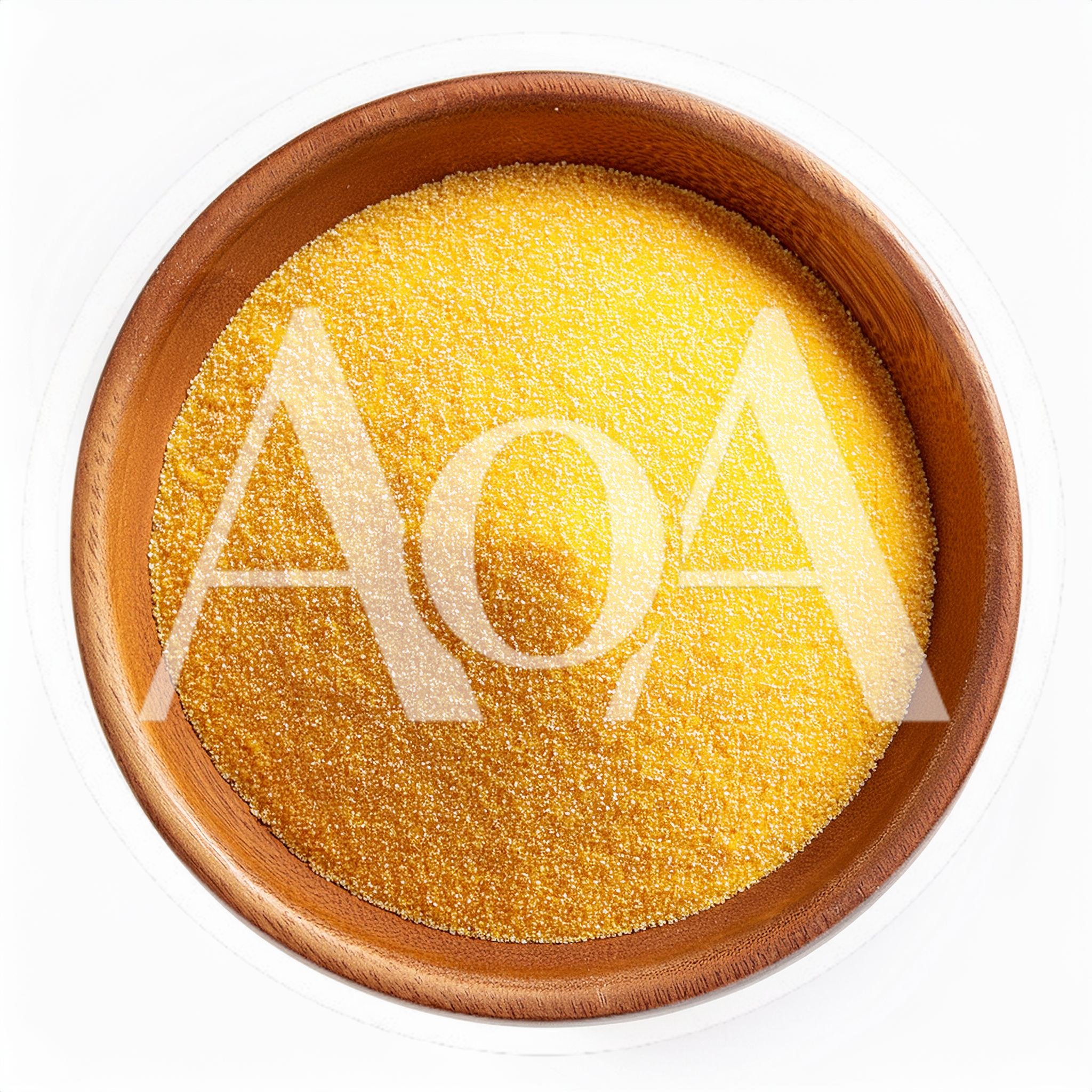 Top View Of Yellow Cornmeal In A Wooden Bowl