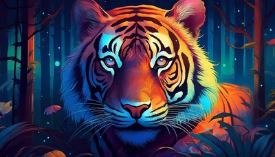 Majestic Tiger Portrait In A Bioluminescent Forest
