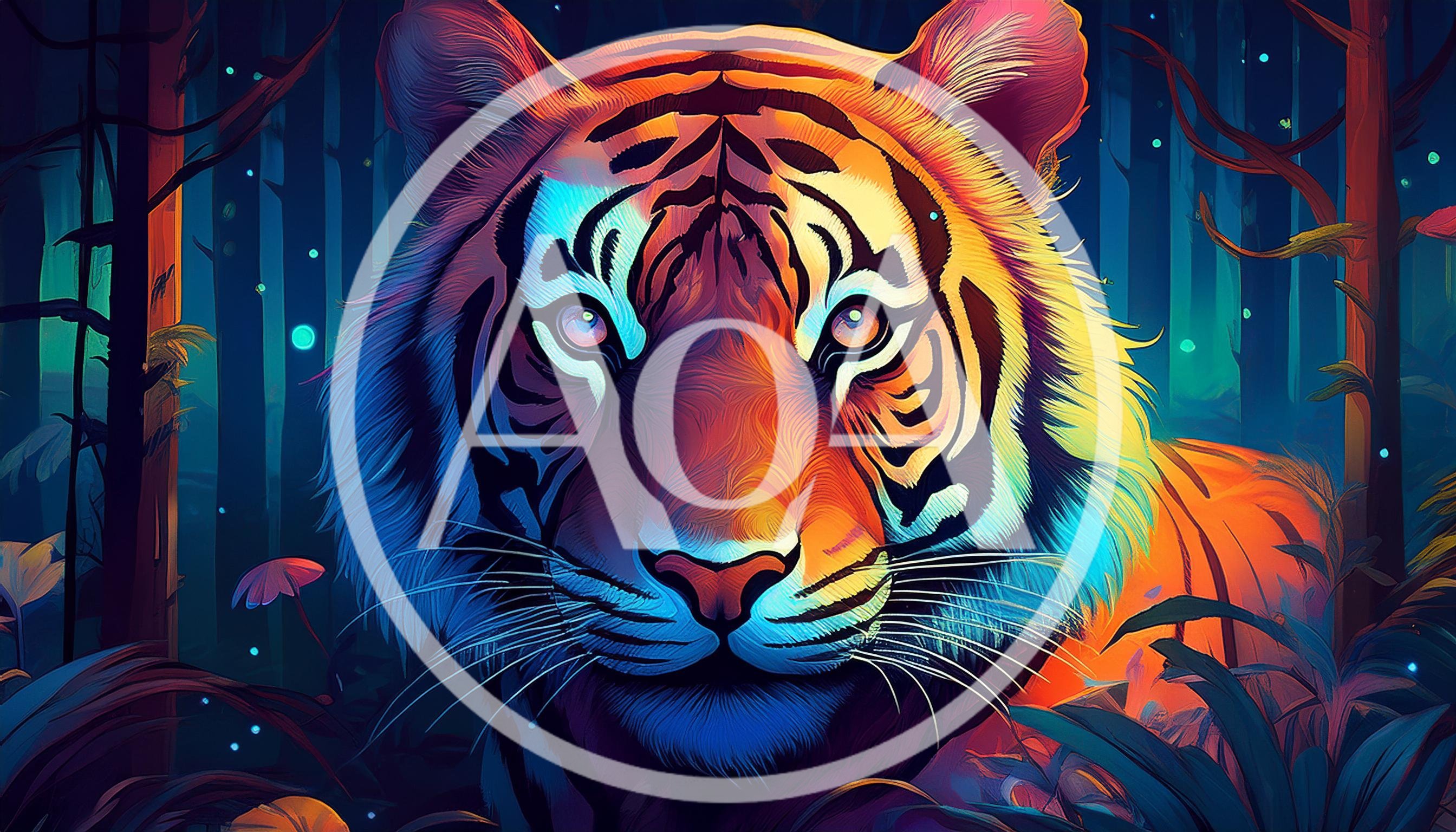 Majestic Tiger Portrait In A Bioluminescent Forest