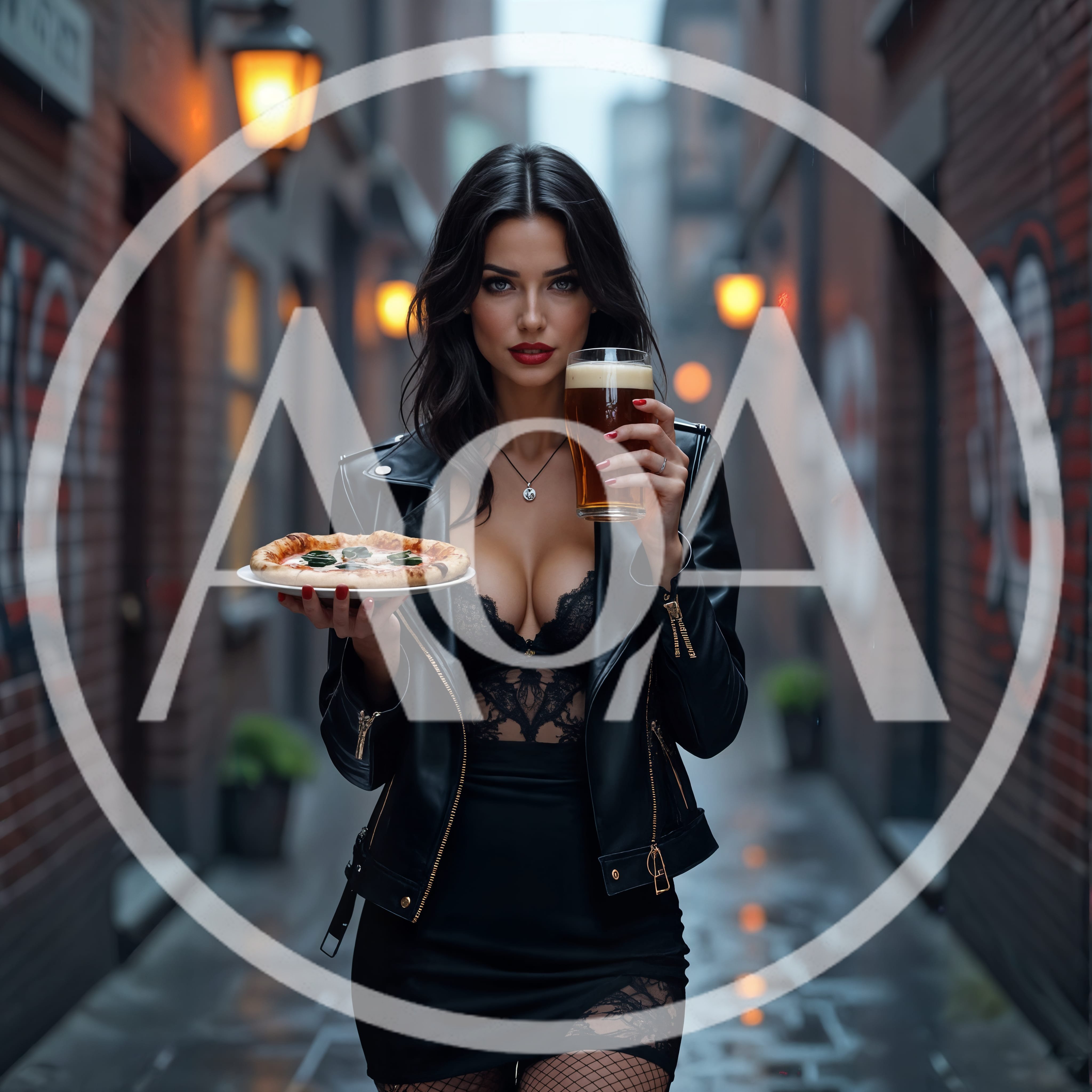 Stylish Woman Holding Pizza And Beer In Urban Alley