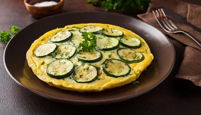 Zucchini Frittata Served on a Dark Plate