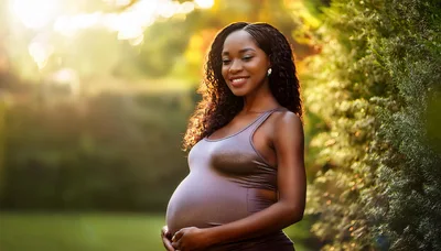 Pregnant Woman Smiling Outdoors During Golden Hour