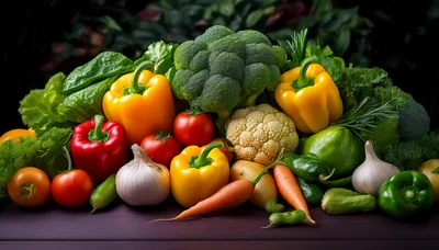 Fresh Assorted Vegetables Arranged on Dark Wooden Surface