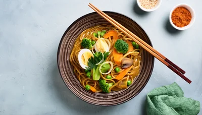 Bowl Of Vegetable Ramen With Boiled Egg