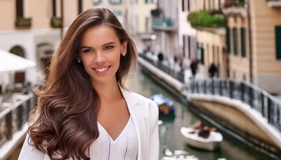 Beautiful Woman Smiling On A Bridge In Venice