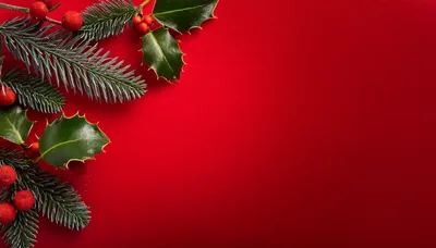 Christmas Holly and Pine Branches on Red Background