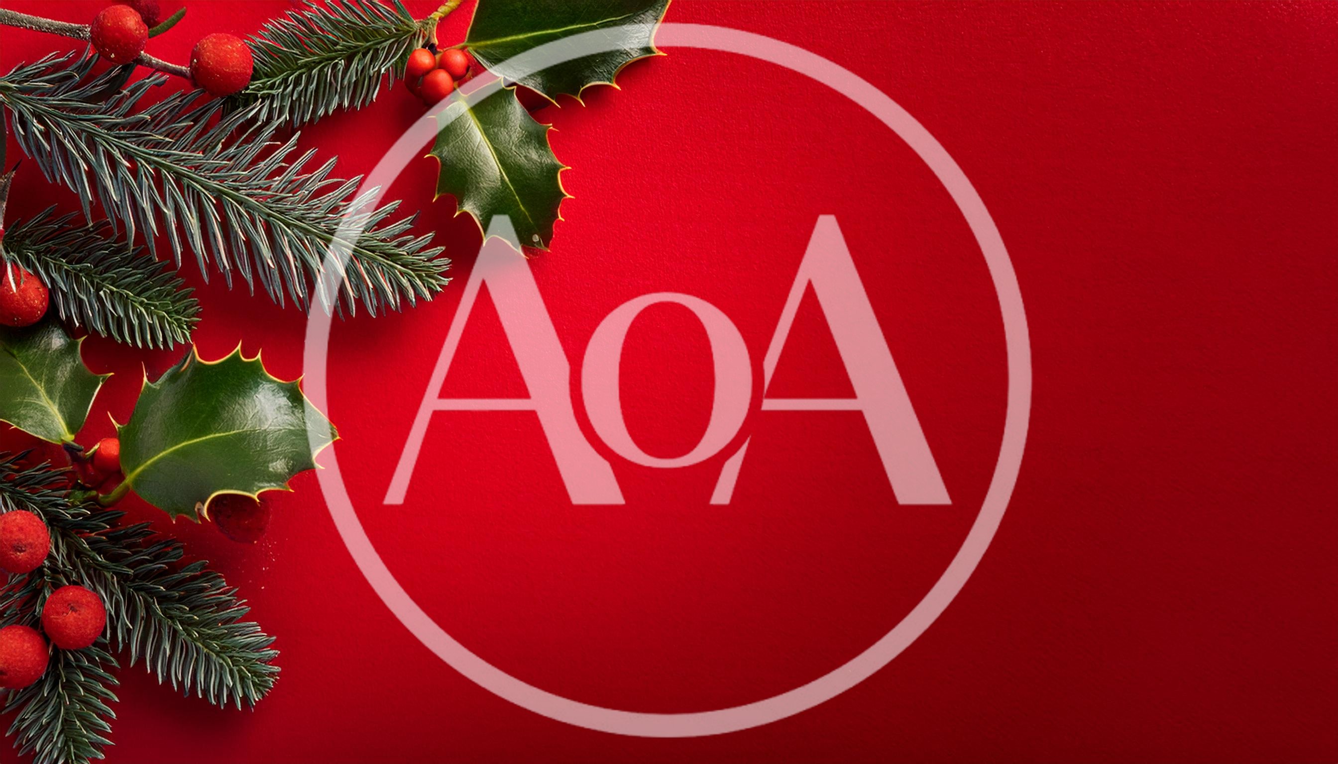 Christmas Holly and Pine Branches on Red Background