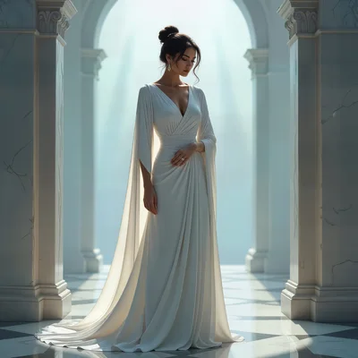 Elegant Woman In White Gown Standing In Classical Hallway