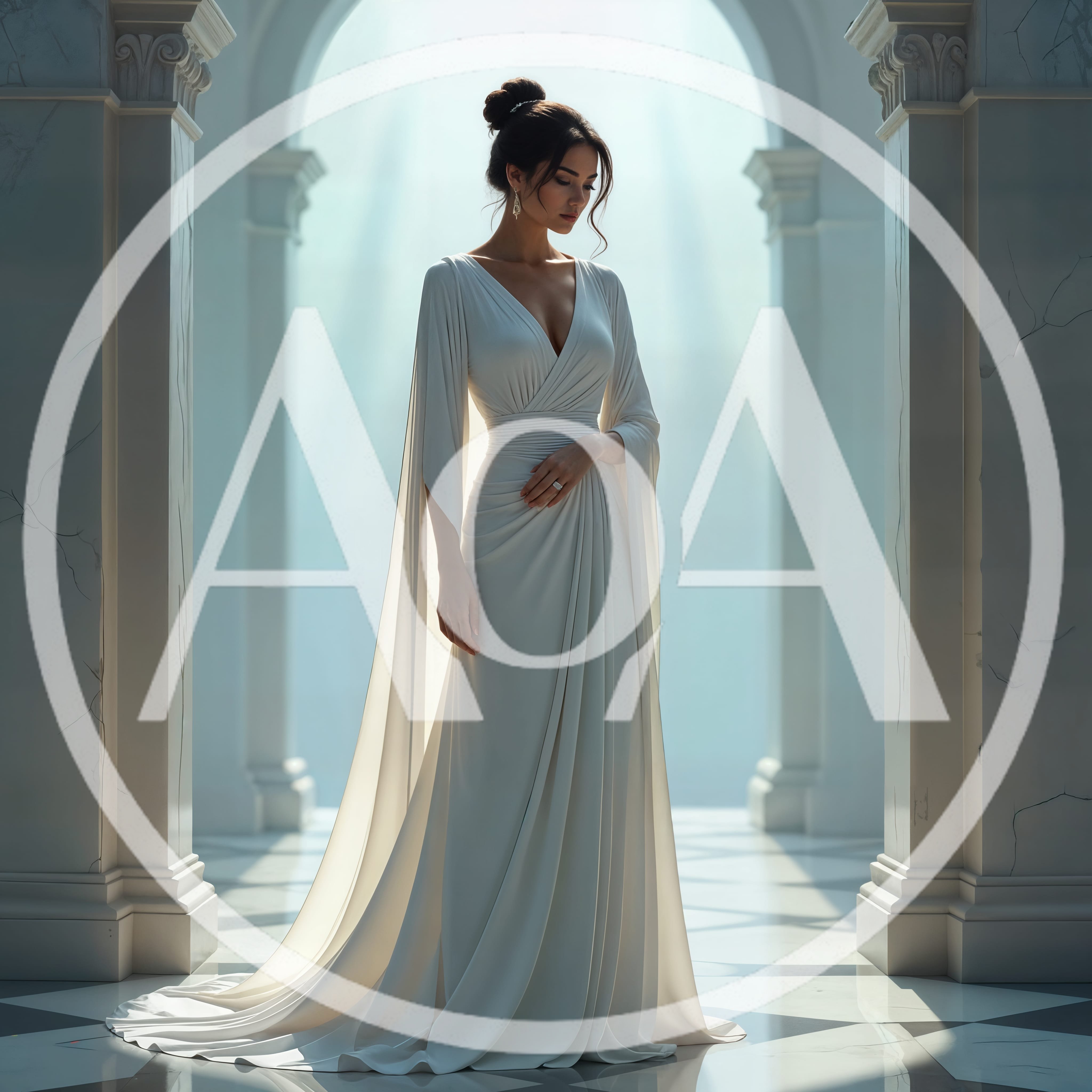 Elegant Woman In White Gown Standing In Classical Hallway