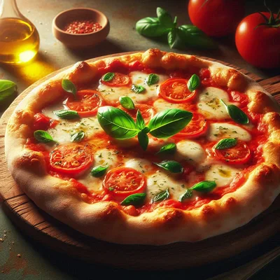 Fresh Margherita Pizza On A Wooden Board