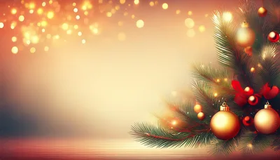 Christmas Tree Branch With Golden Ornaments And Bokeh Background