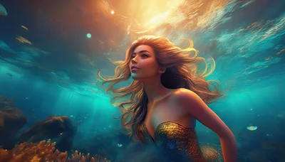 Beautiful Mermaid Swimming Underwater In A Vibrant Coral Reef