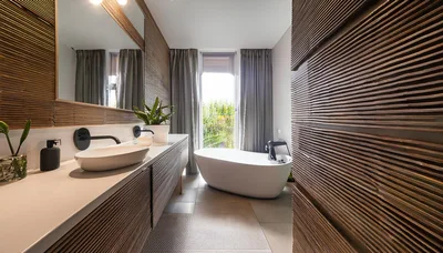 Modern Bathroom Interior With Wooden Slatted Walls