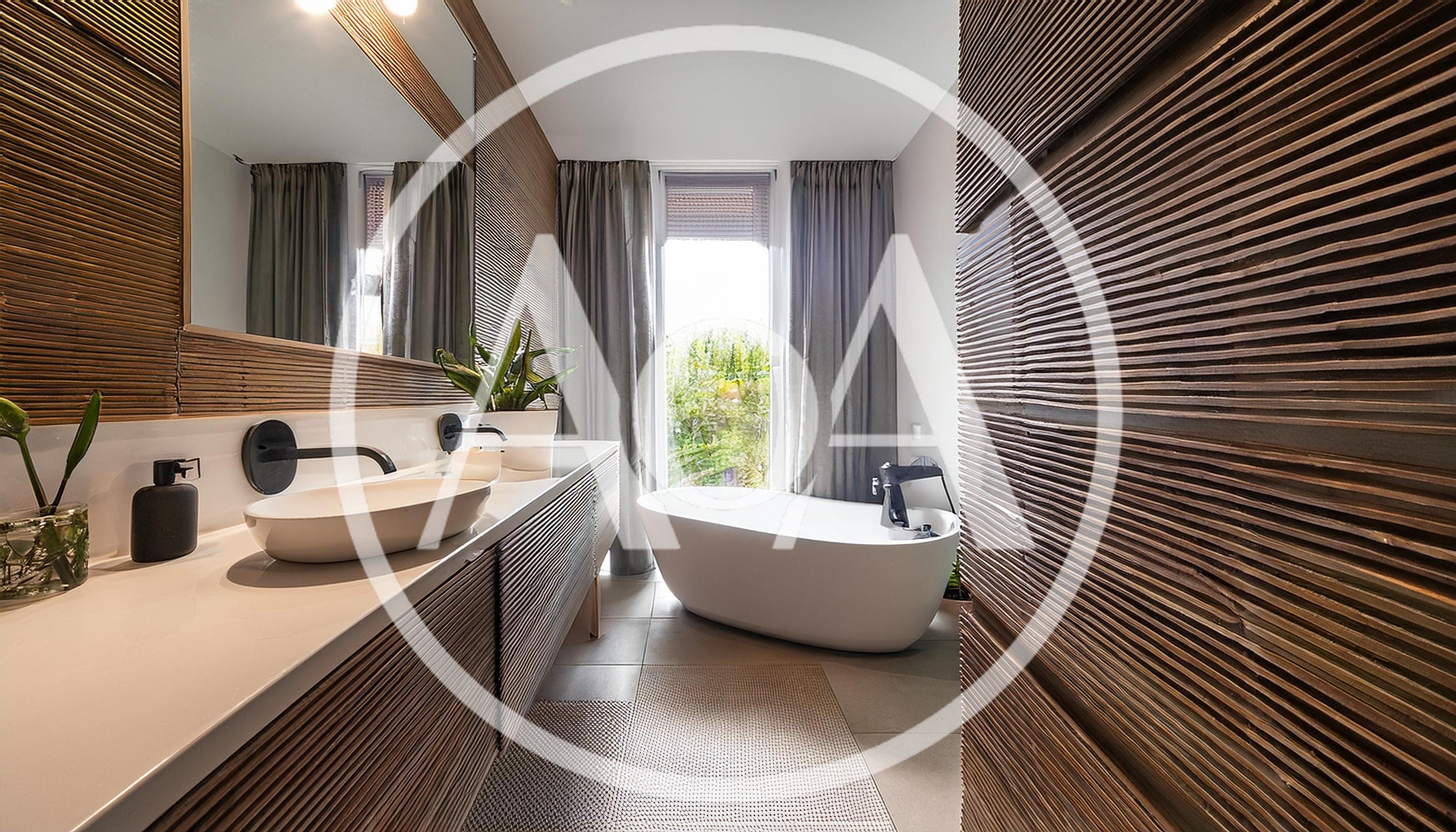 Modern Bathroom Interior With Wooden Slatted Walls