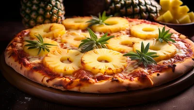 Hawaiian Pineapple Pizza On A Wooden Serving Board