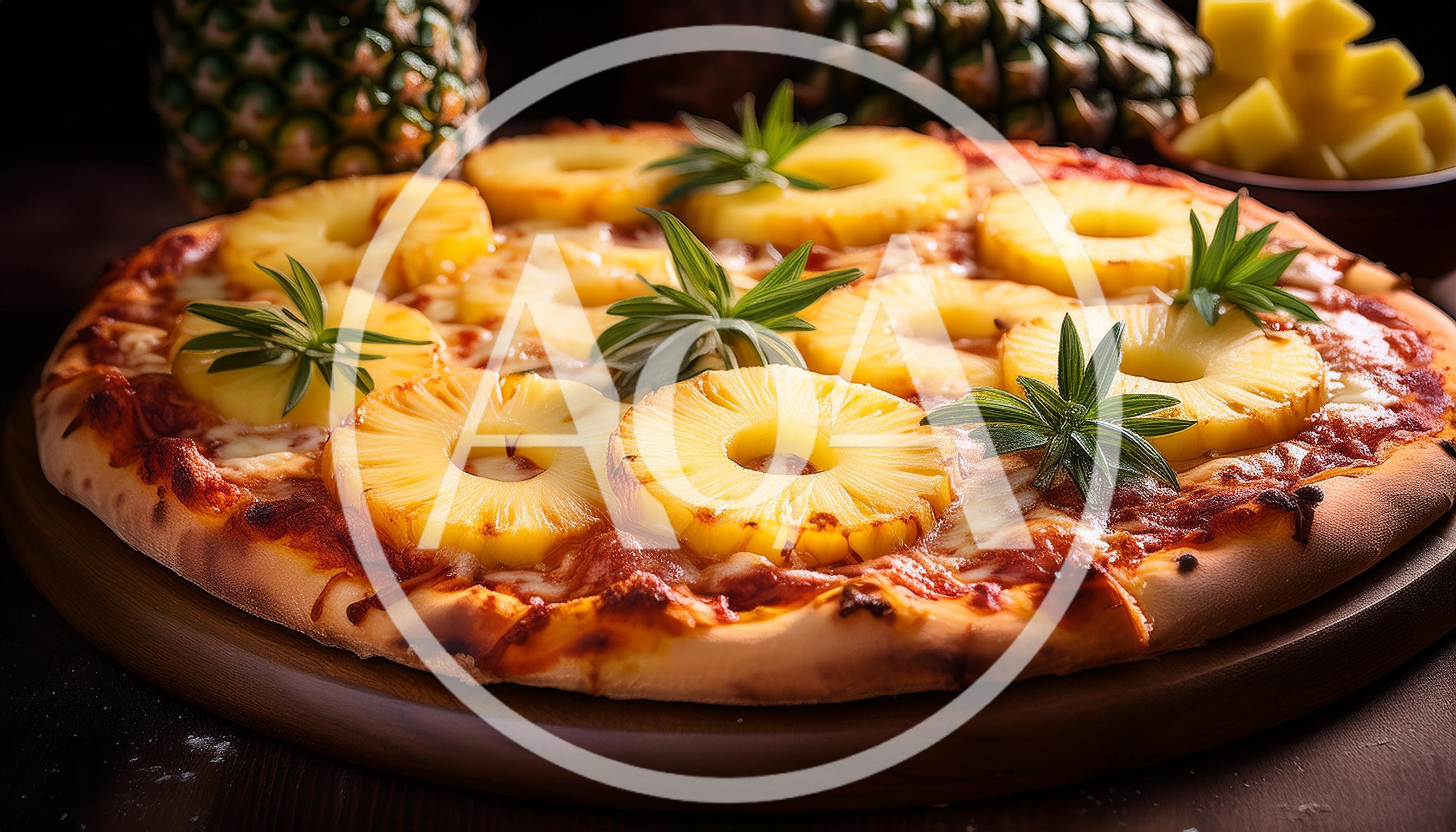 Hawaiian Pineapple Pizza On A Wooden Serving Board
