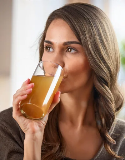 Young Woman Drinking Apple Juice From A Glass