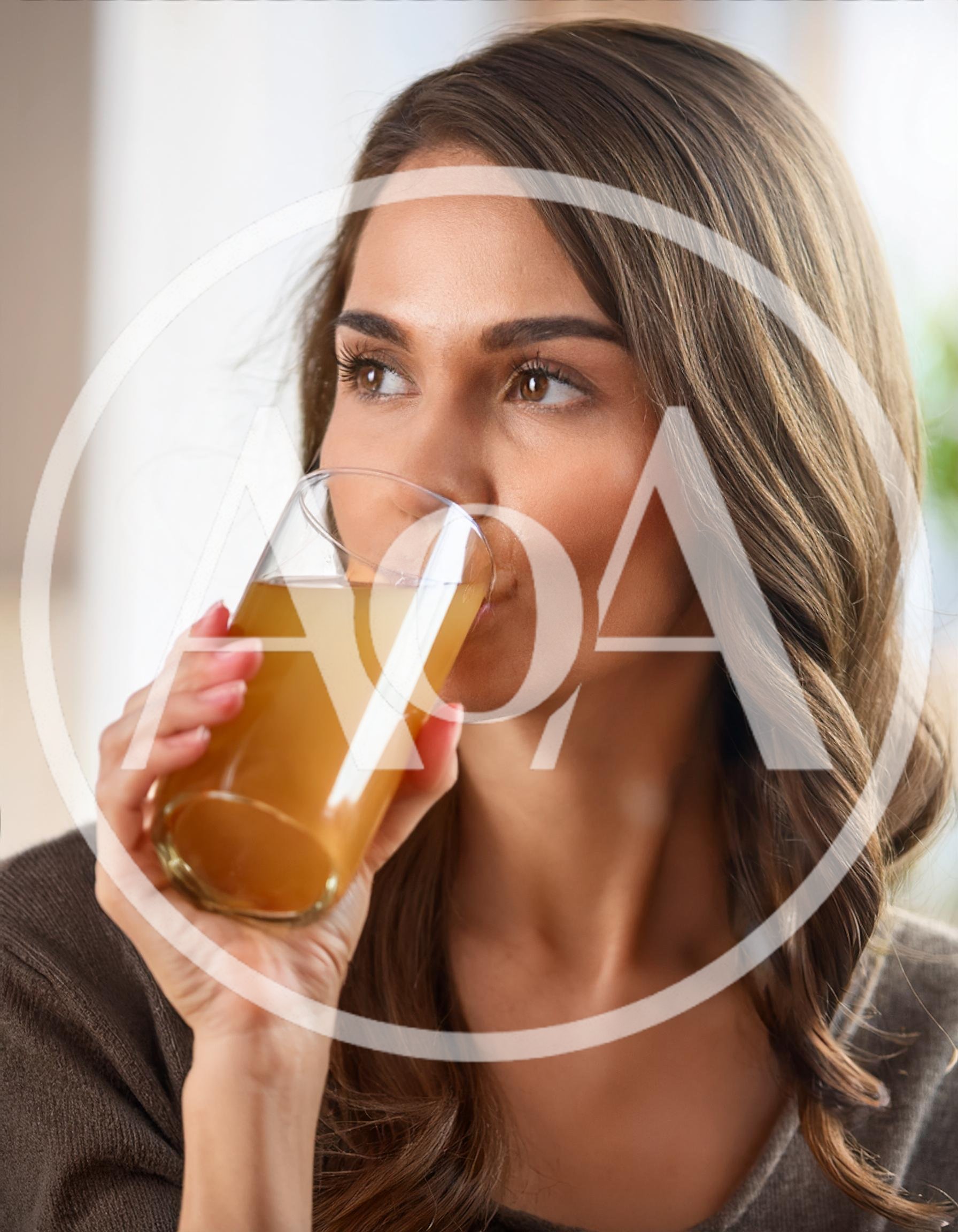Young Woman Drinking Apple Juice From A Glass