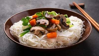 Bowl Of Glass Noodles With Mushrooms And Vegetables