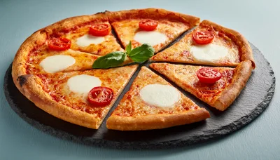 Fresh Margherita Pizza Sliced on a Slate Board