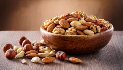 Assorted Mixed Nuts in a Wooden Bowl