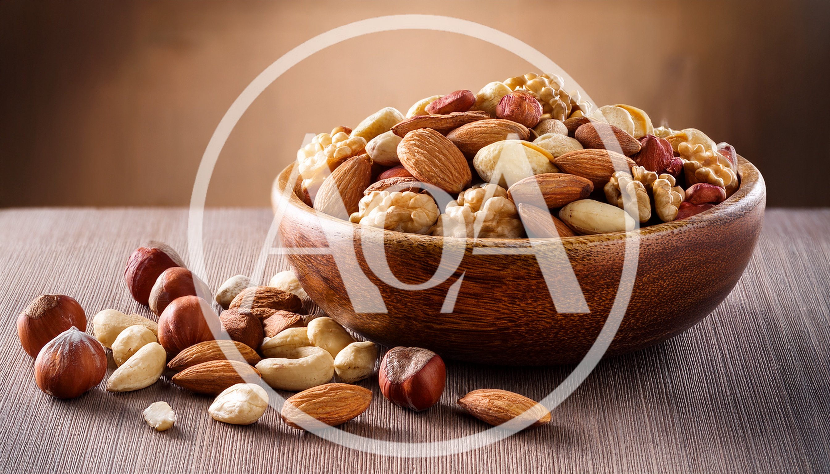 Assorted Mixed Nuts in a Wooden Bowl
