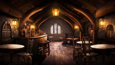 Cozy Medieval Tavern Interior With Wooden Furniture And Lanterns
