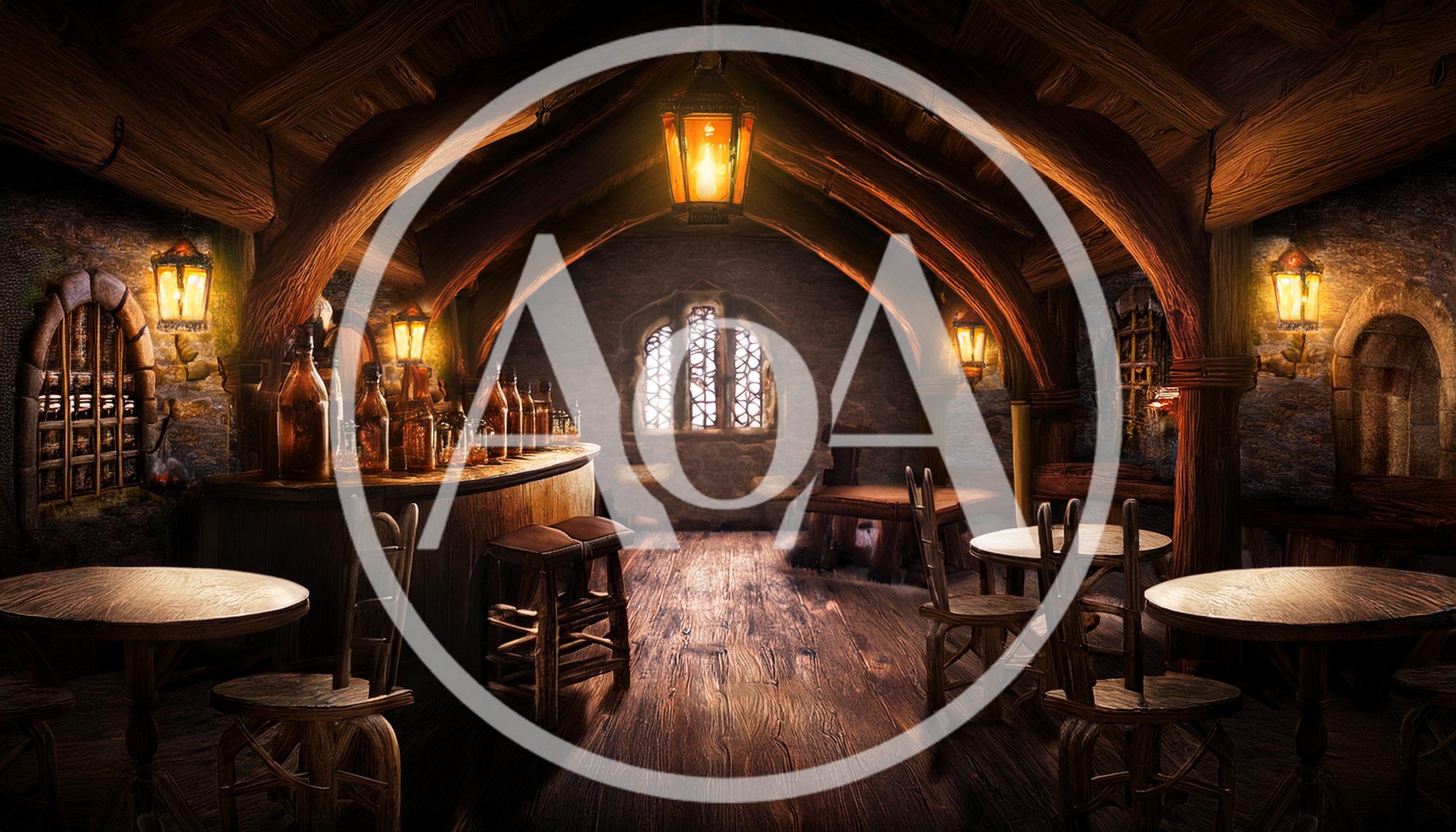 Cozy Medieval Tavern Interior With Wooden Furniture And Lanterns