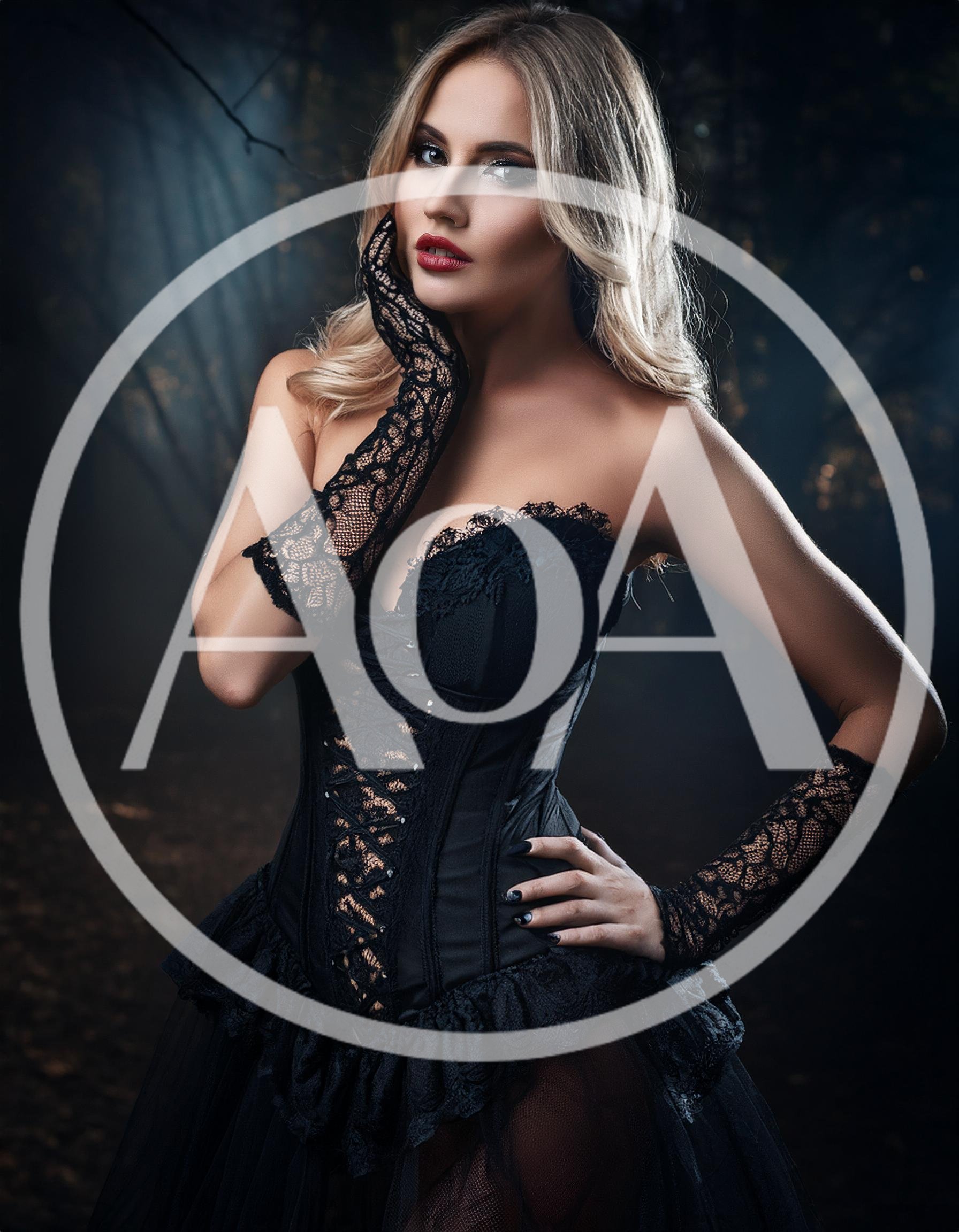 Elegant Blonde Woman Wearing Black Lace Corset and Gloves